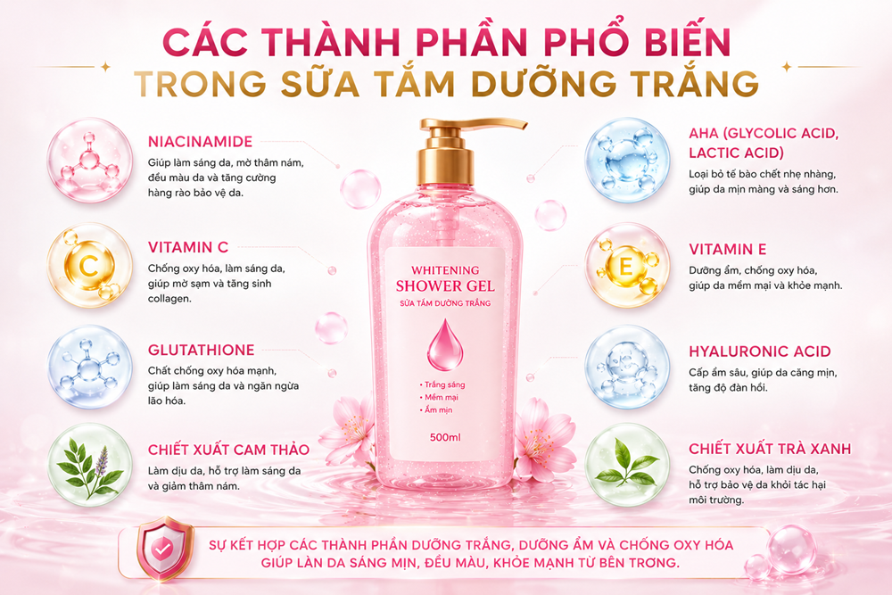 Đơn Vị Gia Công Sữa Tắm Dưỡng Trắng Trọn Gói Uy Tín Các Thành Phần Phổ Biến Trong Sữa Tắm Dưỡng Trắng