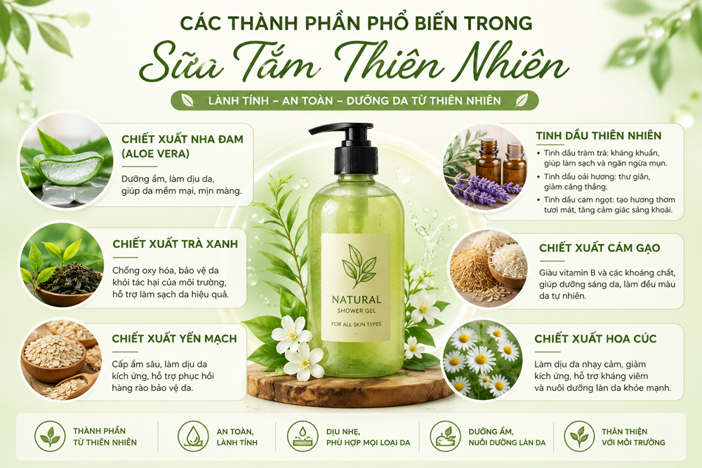 Dịch Vụ Gia Công Sữa Tắm Thiên Nhiên Uy Tín Toàn Quốc Các Thành Phần Phổ Biến Trong Sữa Tắm Thiên Nhiên