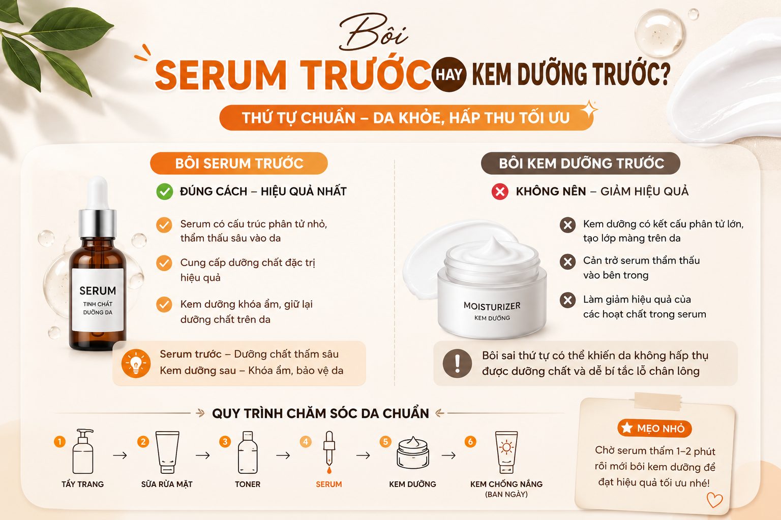 Bôi serum trước hay kem dưỡng trước? Thứ tự skincare đúng để da hấp thụ tối đa Bôi serum trước hay kem dưỡng trước?