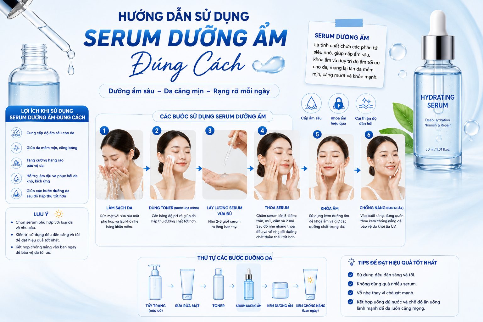Serum Dưỡng Ẩm Là Gì? Công Dụng, Cách Chọn Và Cách Dùng Hiệu Quả Cho Từng Loại Da Hướng dẫn sử dụng serum dưỡng ẩm đúng cách