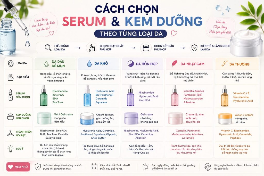 Bôi serum trước hay kem dưỡng trước? Thứ tự skincare đúng để da hấp thụ tối đa chon serum kem duong cho tung loai da