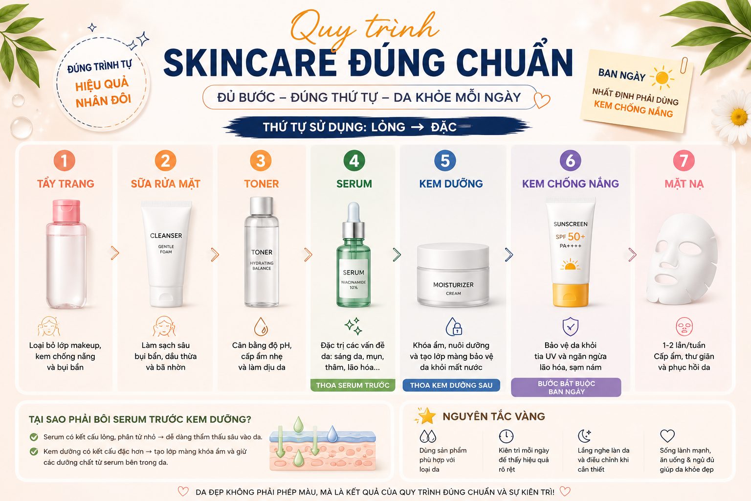 Bôi serum trước hay kem dưỡng trước? Thứ tự skincare đúng để da hấp thụ tối đa Quy trình skincare đúng với serum và kem dưỡng