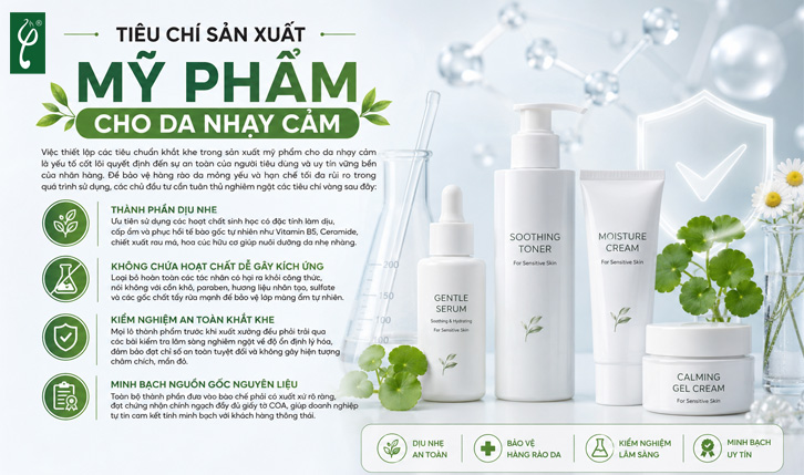 Sản xuất mỹ phẩm cho da nhạy cảm độc quyền, chi phí tối ưu Sản xuất mỹ phẩm cho da nhạy cảm với công thức dịu nhẹ, nguyên liệu chọn lọc và quy trình kiểm soát chất lượng nghiêm ngặt.