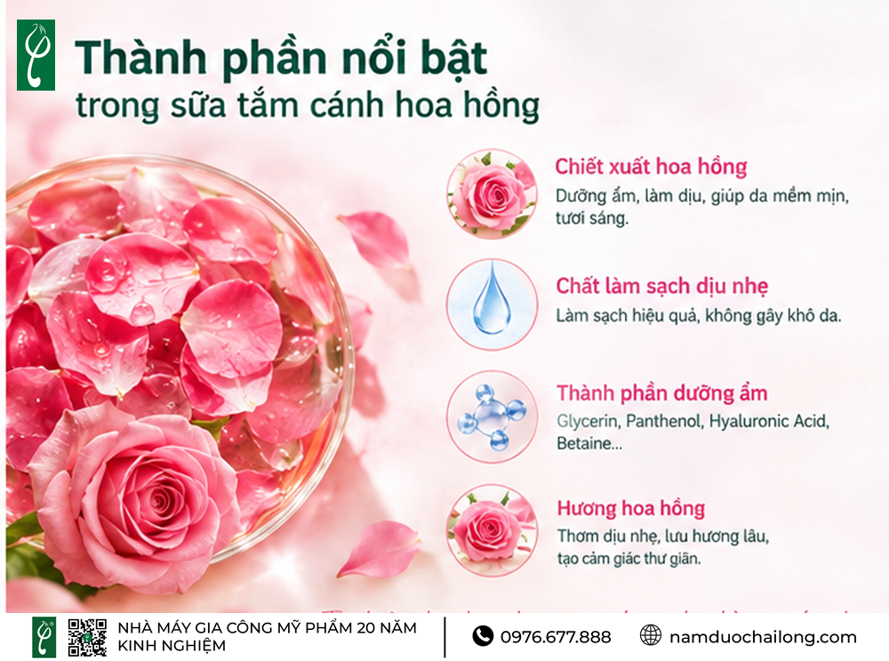 Gia Công Sữa Tắm Cánh Hoa Hồng Theo Yêu Cầu, Trọn Gói Gia Công Sữa Tắm Cánh Hoa Hồng